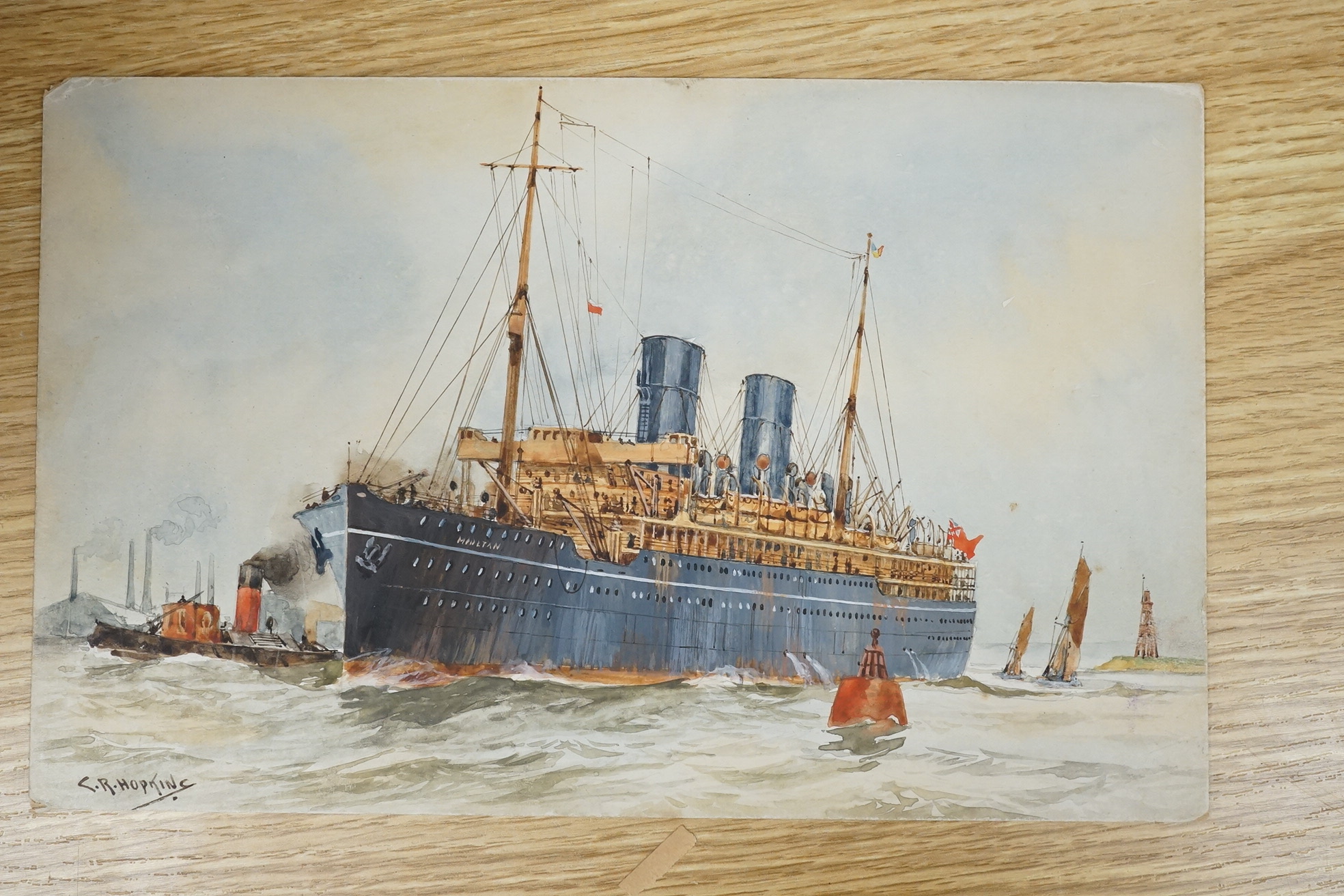 Charles R. Hopkins, set of four original watercolours for postcard designs, maritime ocean liners, to include Orient Liner on the Lower Thames, RMS Mooltan, P&O Line and RMS Asturias Royal Mail Liner, each signed, 17 x 2